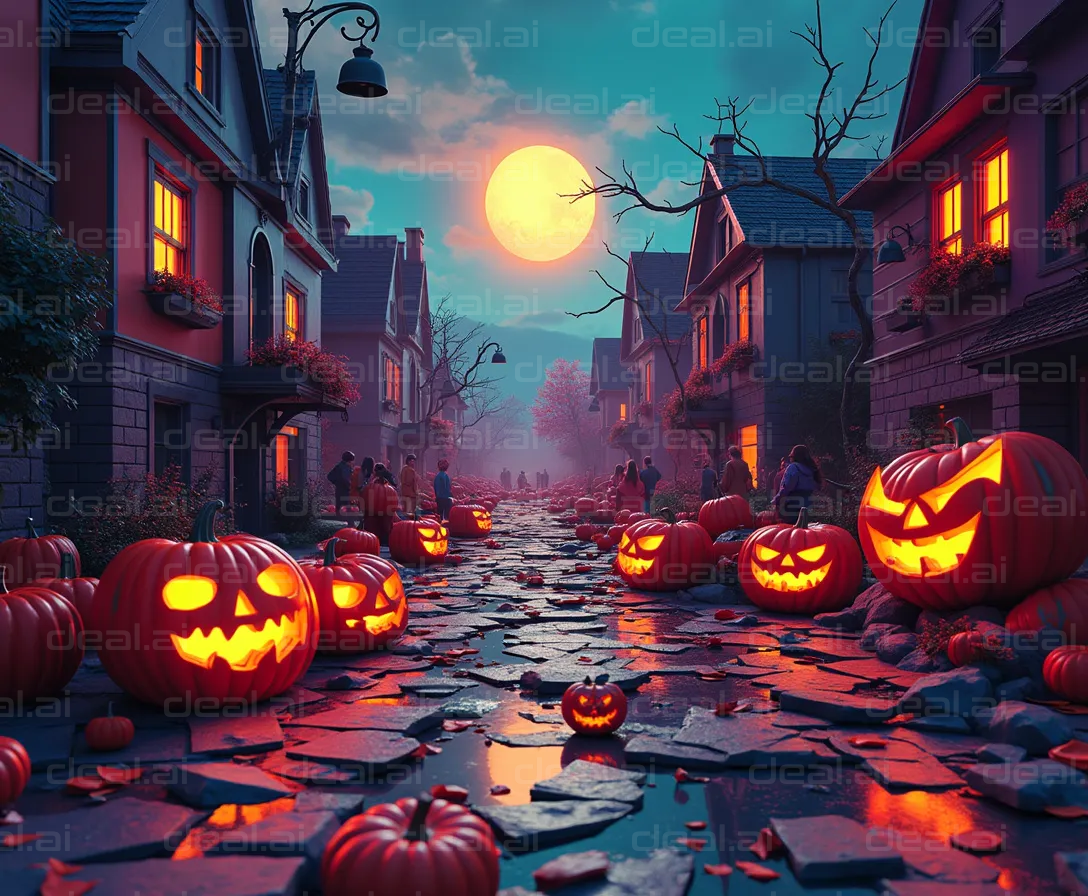 "Spooky Halloween Street with Pumpkins"