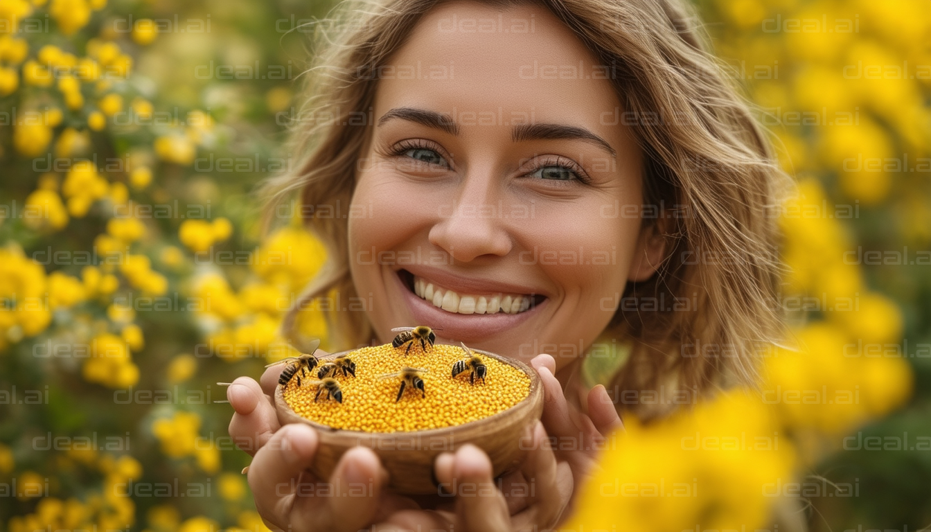 Joyful Lady with Bees and Flowers