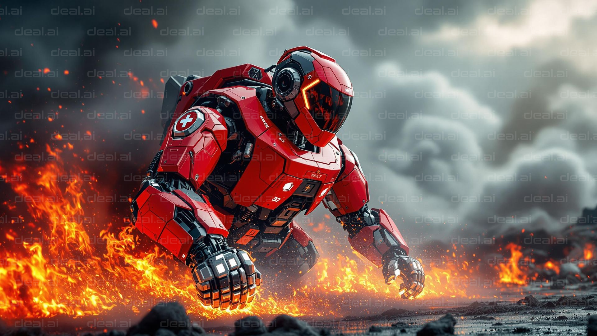 "Red Robot in Fiery Landscape"