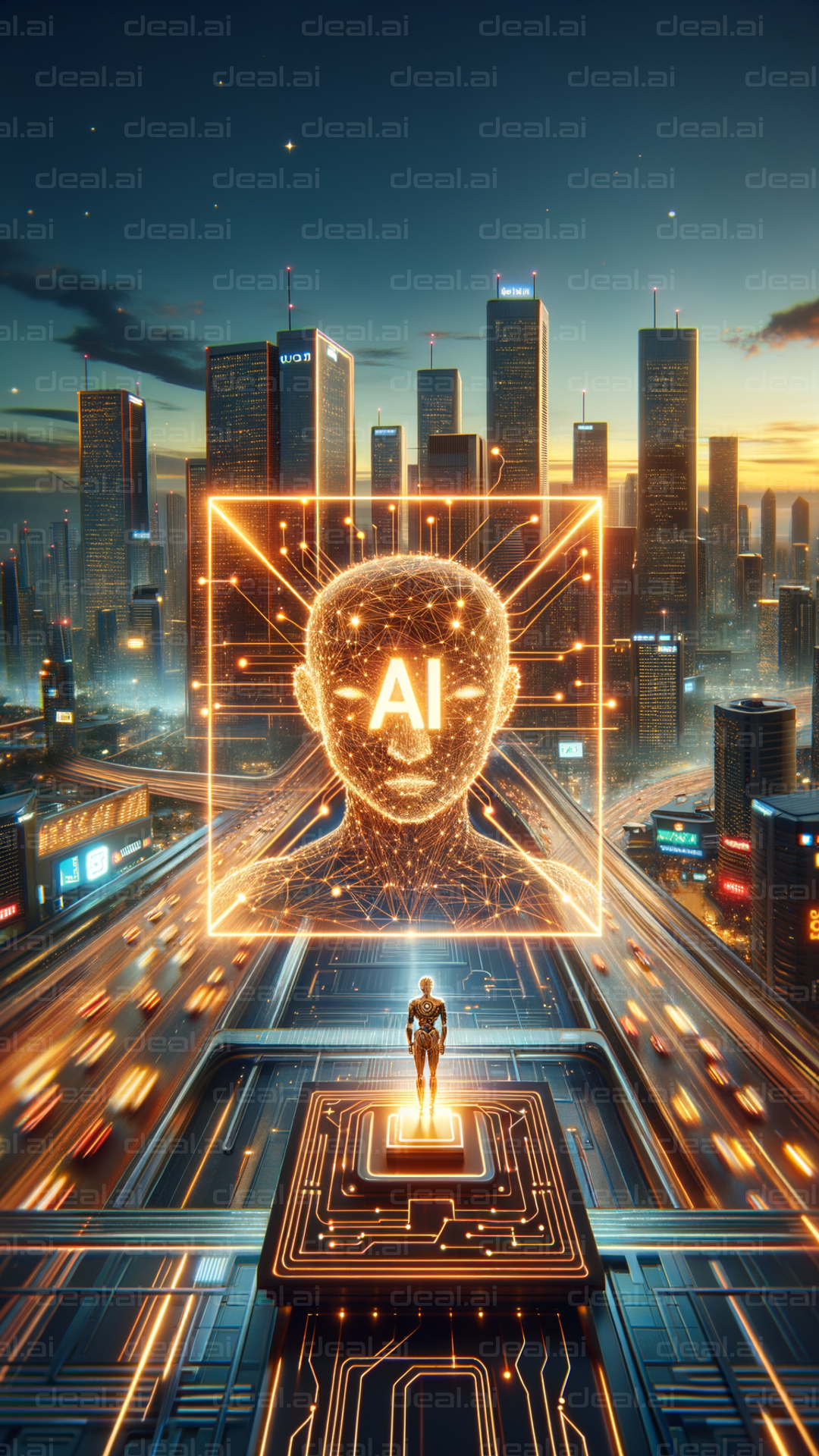 "AI Robot Overseeing Futuristic Cityscape"