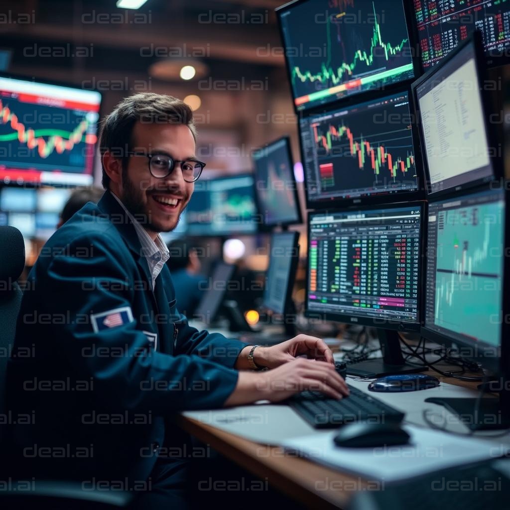 Smiling Trader in Front of Monitors