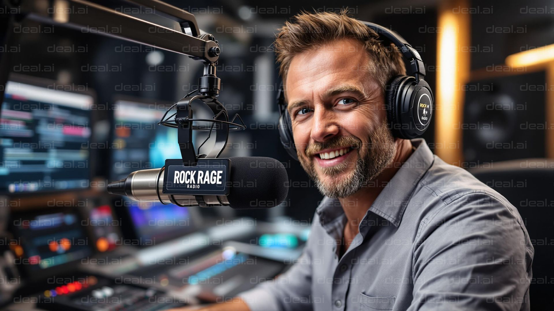 Smiling DJ at Rock Rage Radio Studio