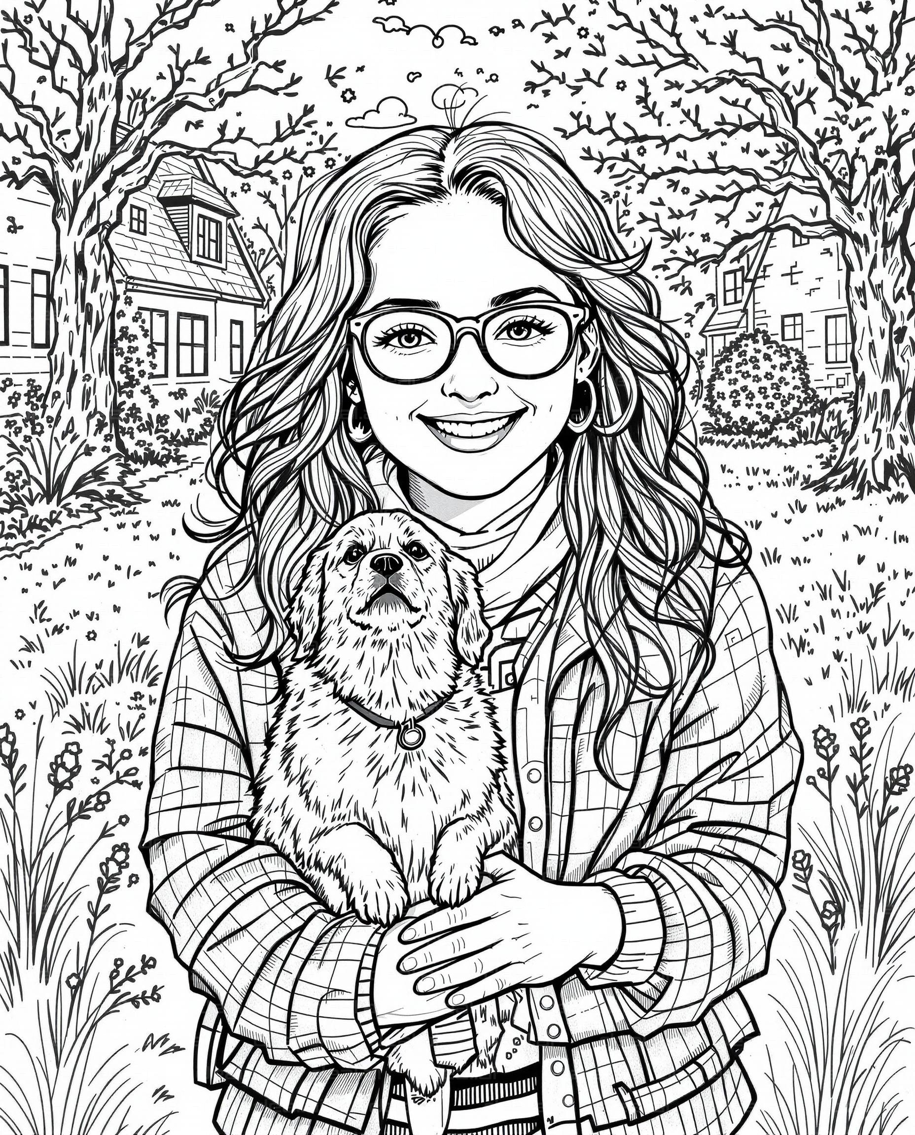 Smiling Girl with Dog in Garden