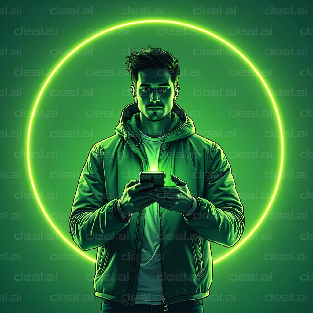 "Glowing Neon Circle: Man with Smartphone"