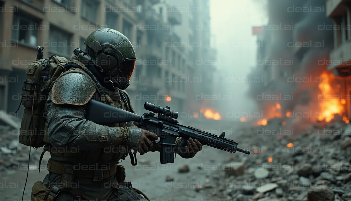 "Soldier in Burning City Battlefield"