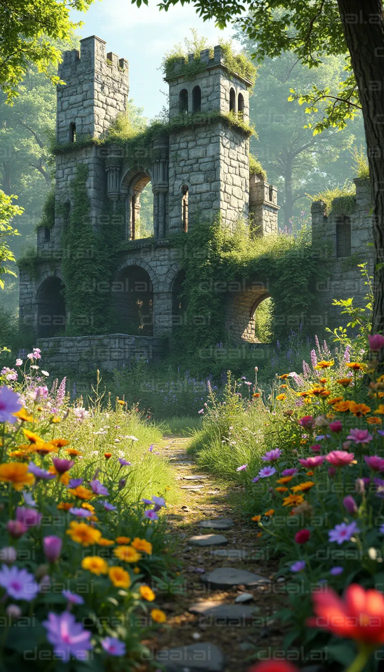 "Enchanted Castle Ruins in Bloom"