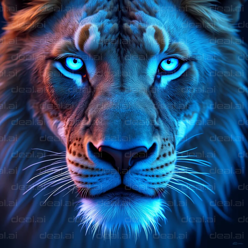 Lion's Intense Gaze in Blue Light