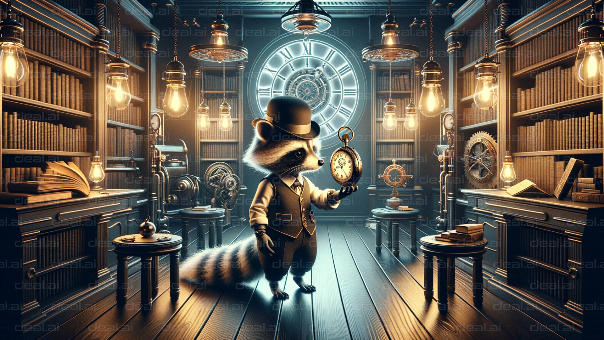 Steampunk Raccoon in Timekeeper's Library