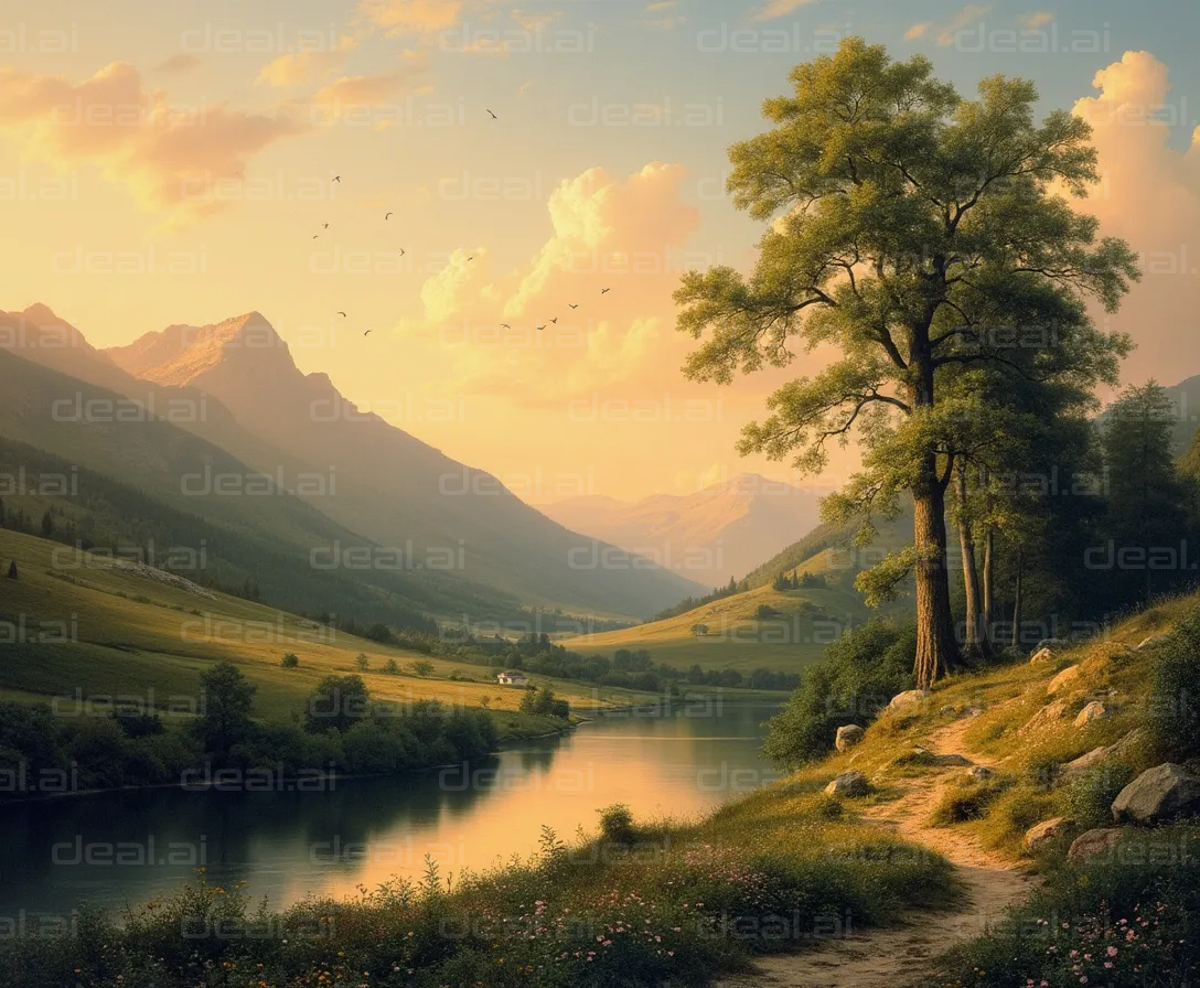 "Serene Mountain Valley at Sunset"