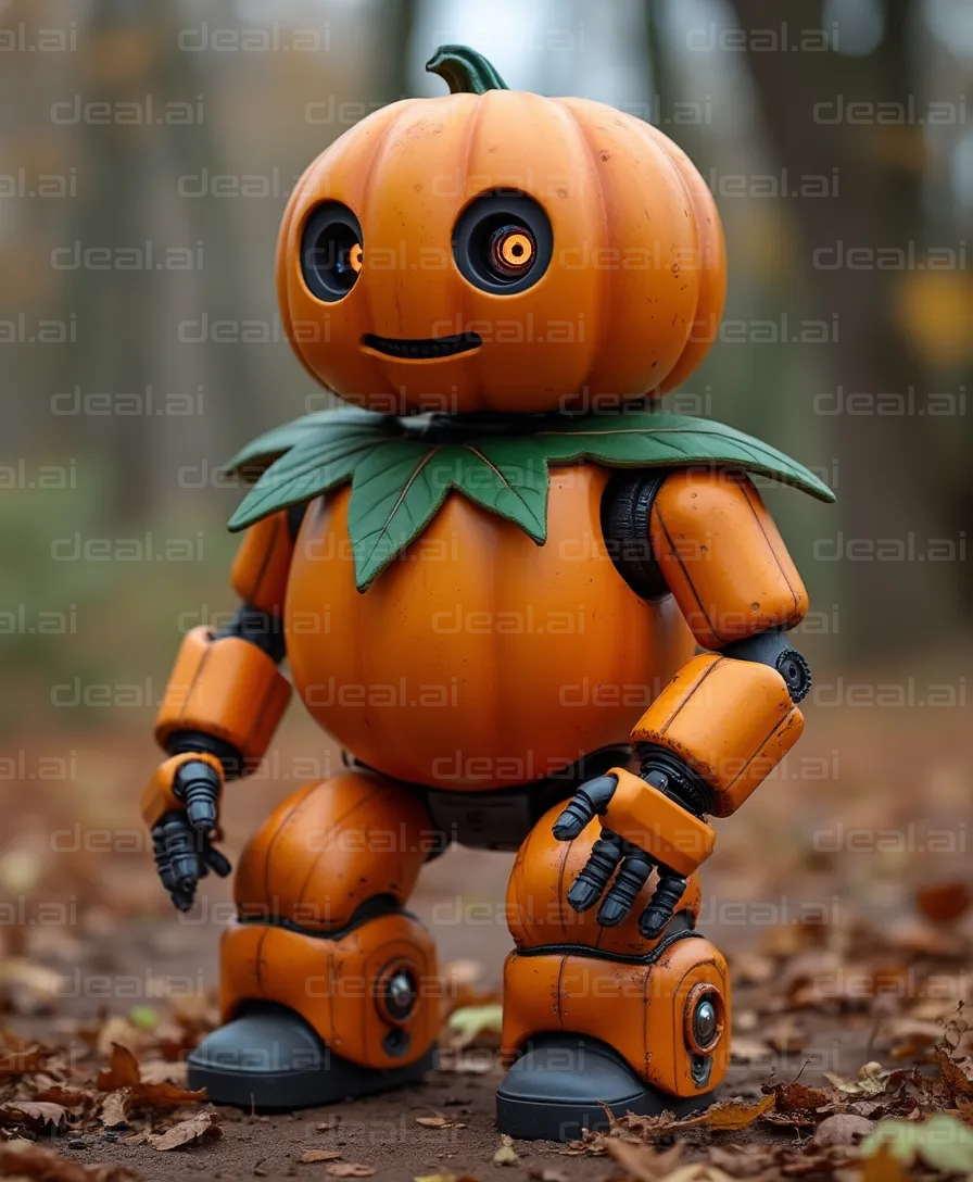 Pumpkin Robot in Autumn Woods