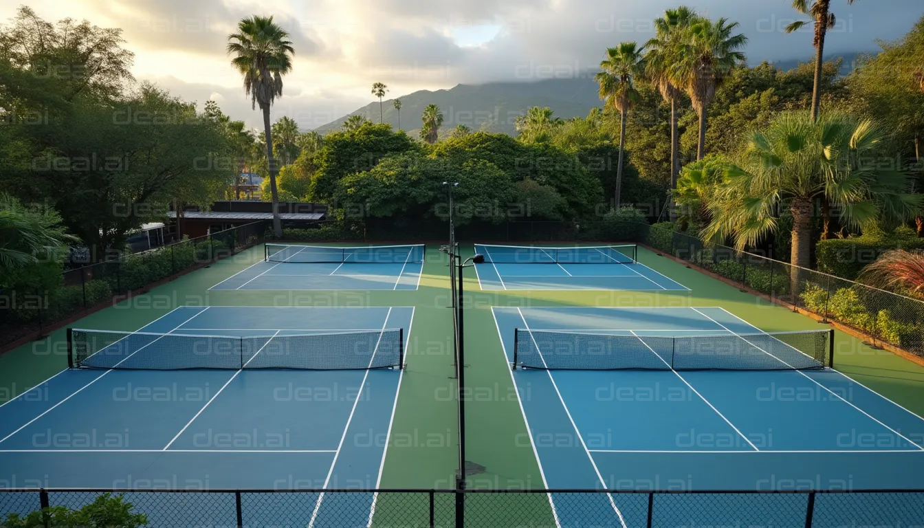 "Serene Mountain Tennis Courts at Dusk"