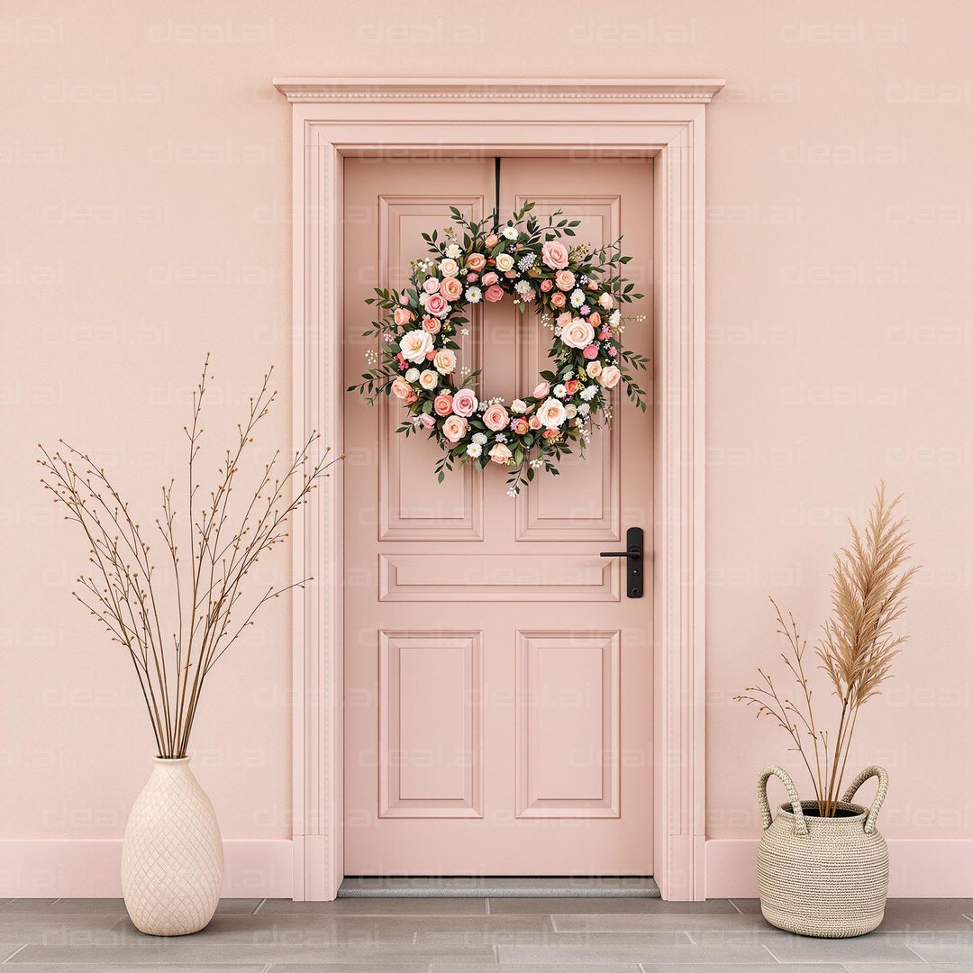 "Elegant Pink Door with Floral Wreath"