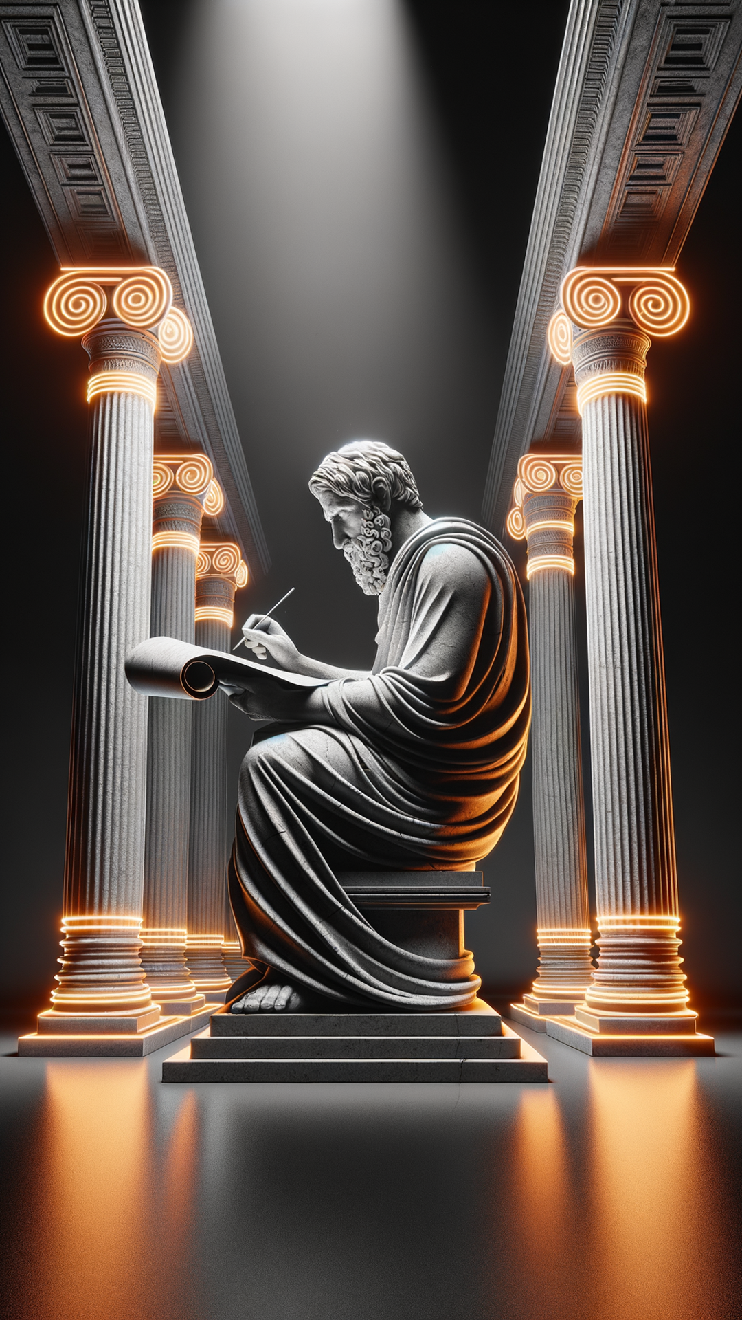 "Ancient Scholar in Neon-lit Columns"