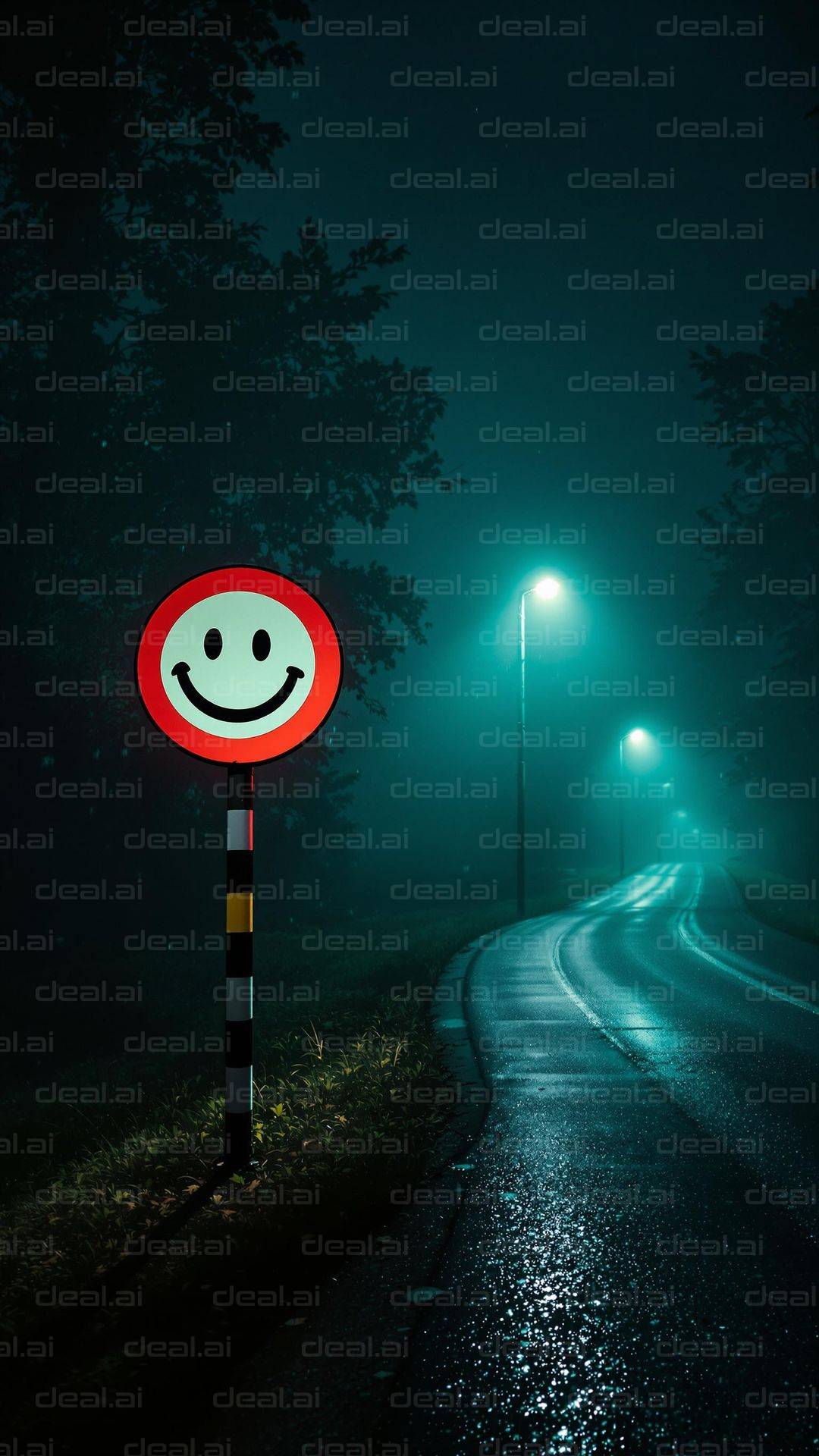 Smiley Sign on a Foggy Night Road
