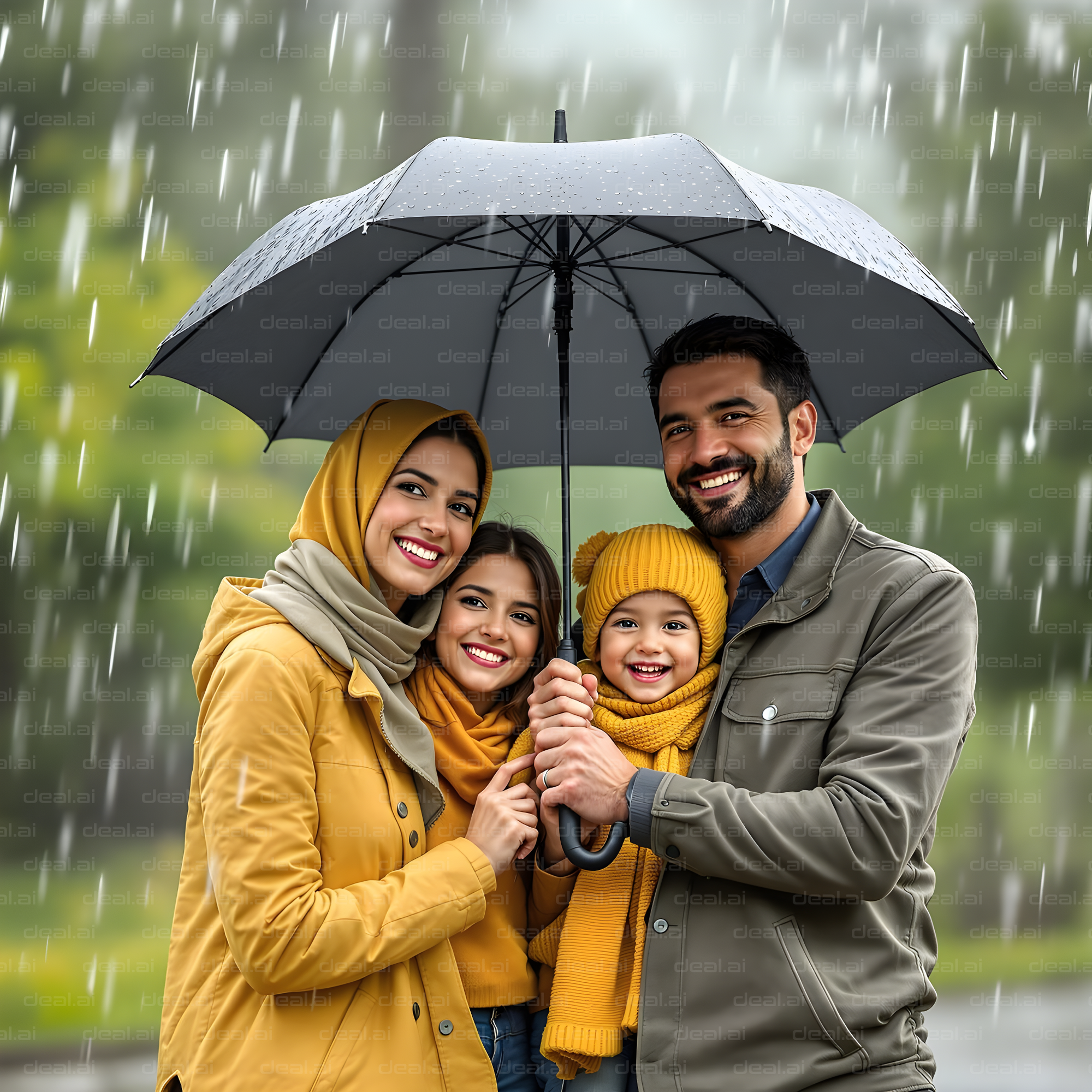 Family Smiling in the Rain