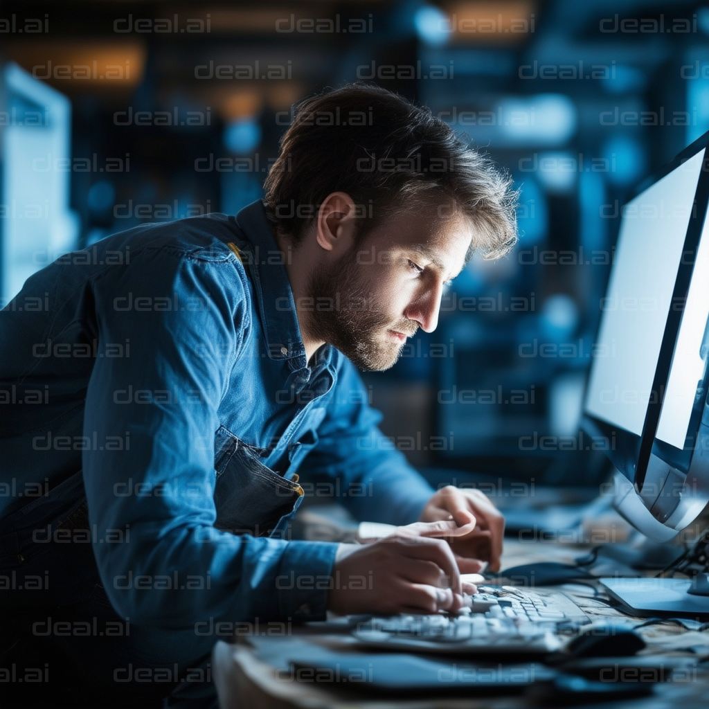 Focused Programmer at Work in the Evening