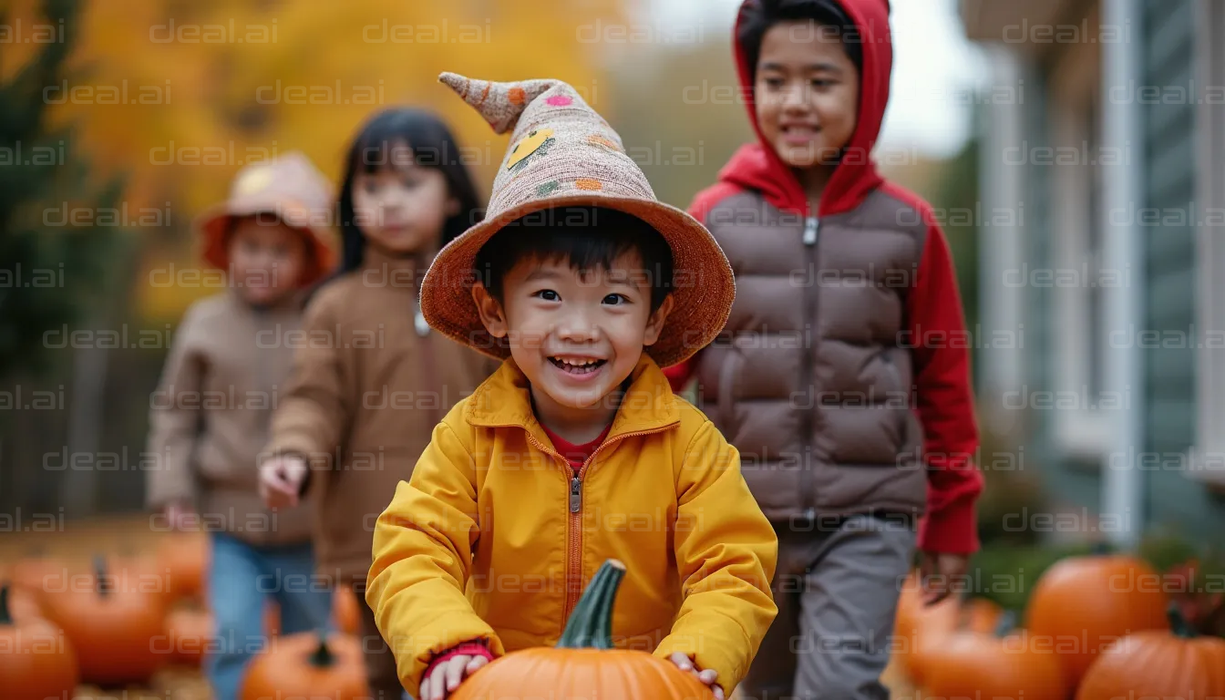 Kids at Pumpkin Patch in Autumn