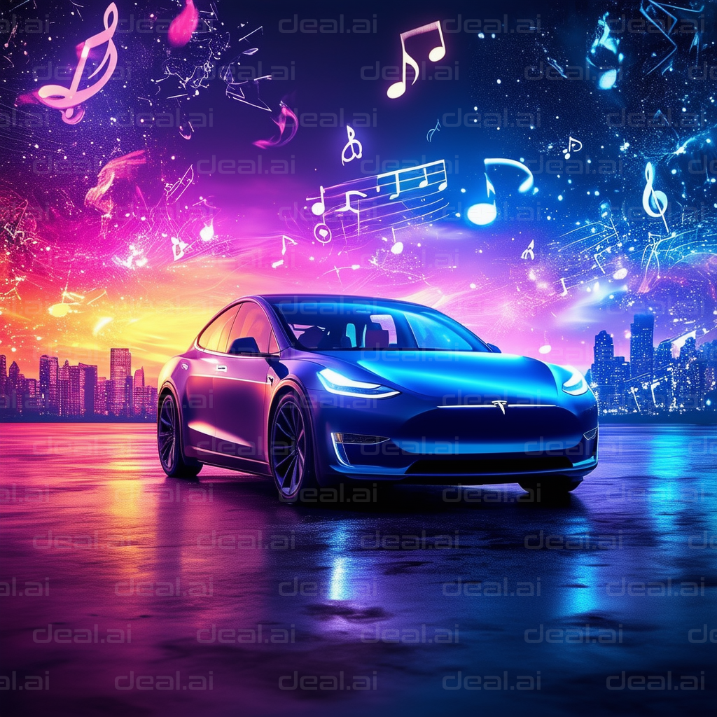 Electric Car in Musical Cityscape