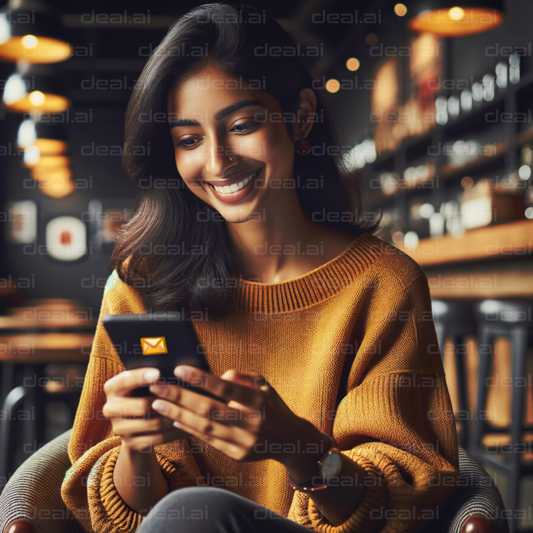 "Smiling Woman Reading a Message"