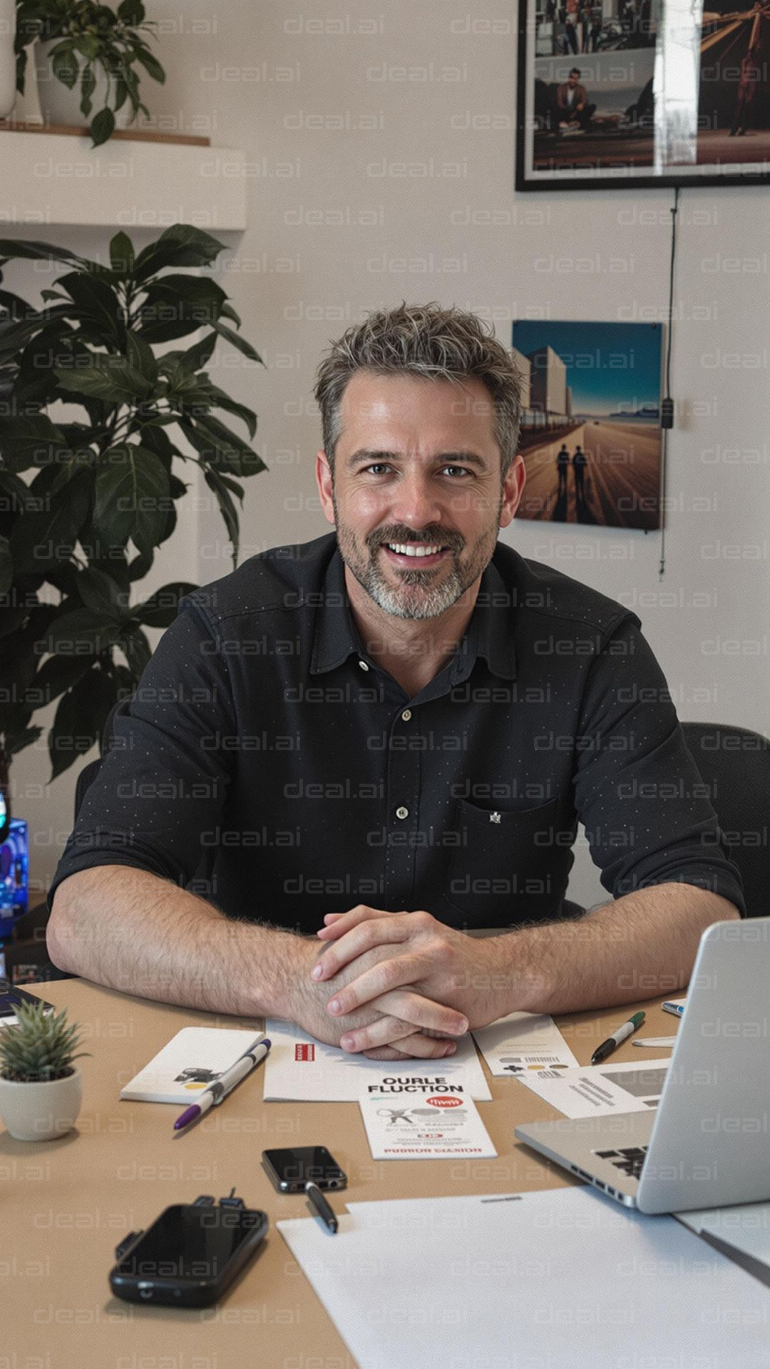 Smiling Professional at Work Desk