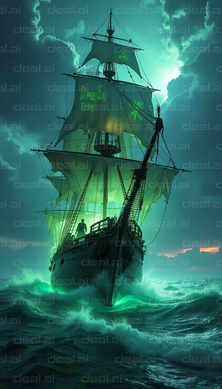 "Ghostly Ship Sails through Stormy Seas"