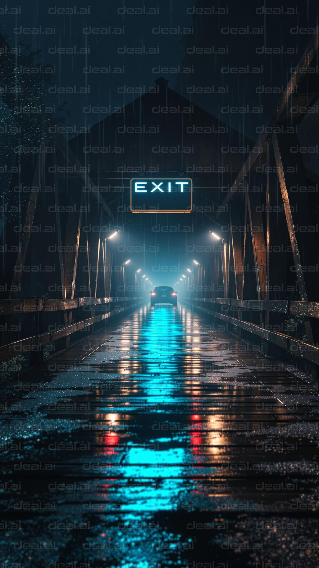 Neon Exit in the Rainy Night