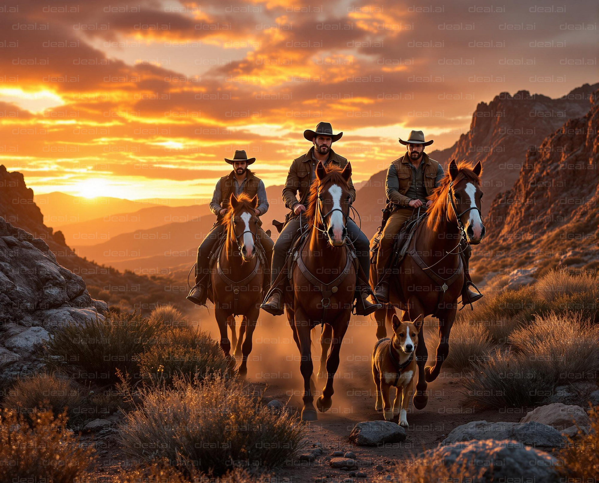 Cowboys Riding at Sunset Trail