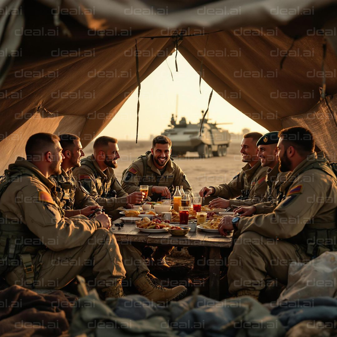 Soldiers Sharing a Meal in the Desert