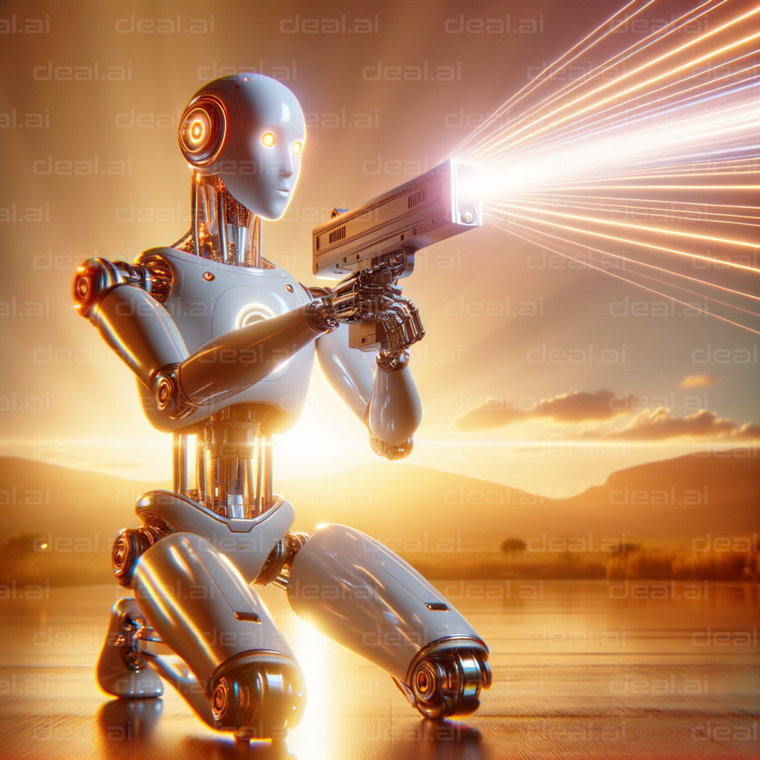 "Robotic Warrior with Laser Gun at Sunset"