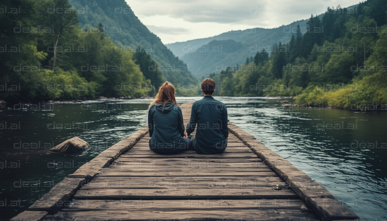 Couple Sitting on Dock by the River