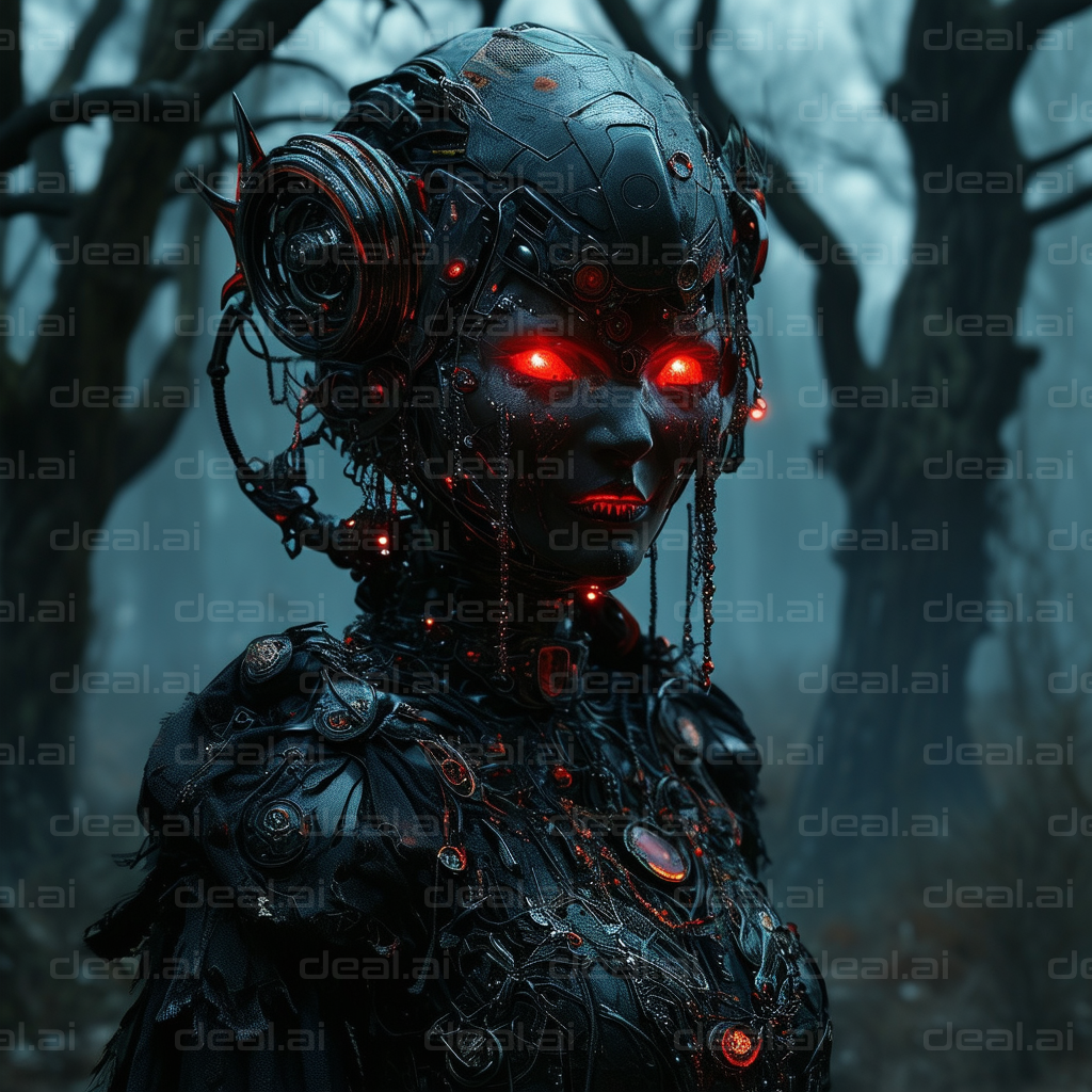 "Cybernetic Warrior in Dark Forest"