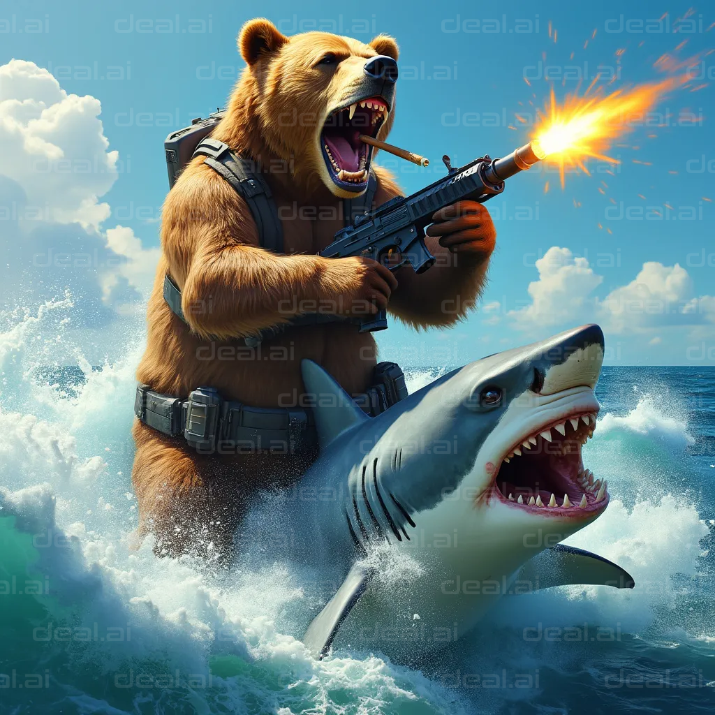 "Bear Riding Shark with Machine Gun"