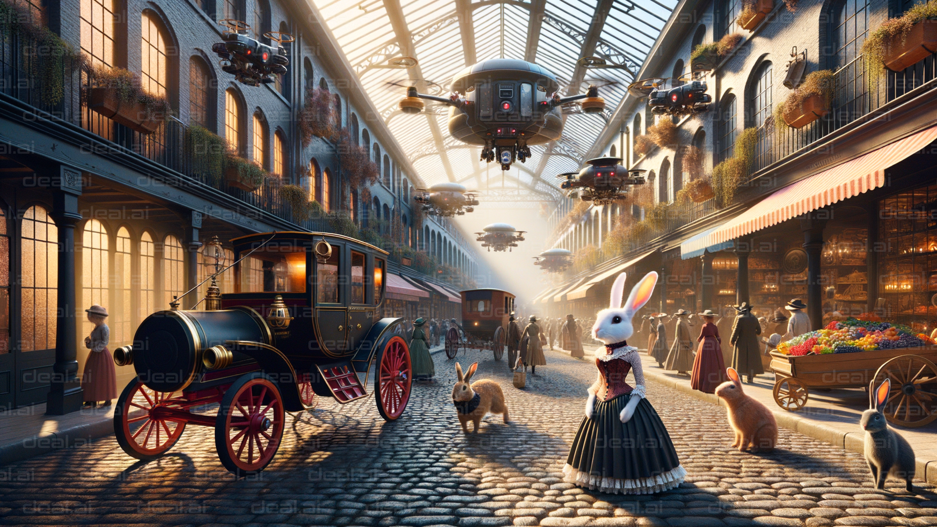 "Steampunk Market with Drones and Rabbits"