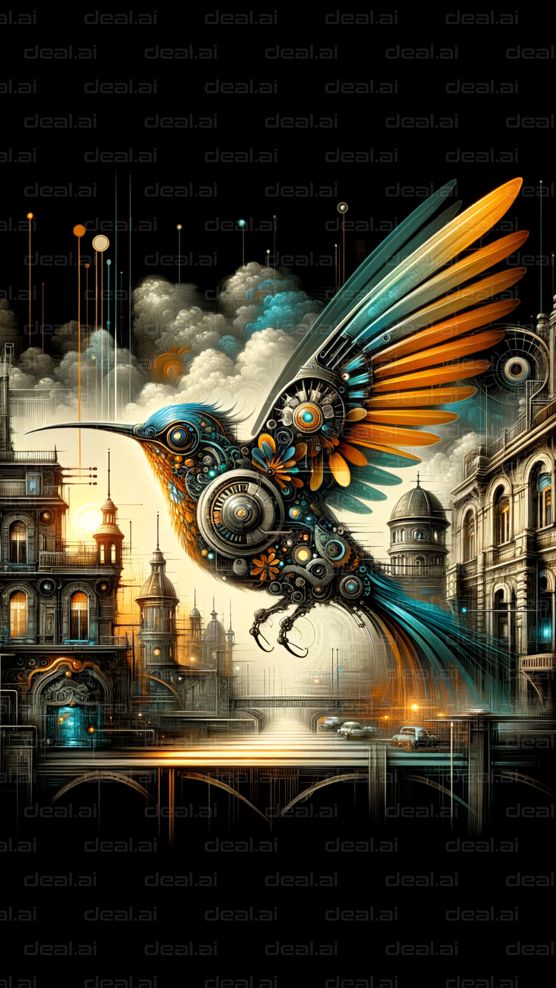 "Steampunk Hummingbird in the Cityscape"