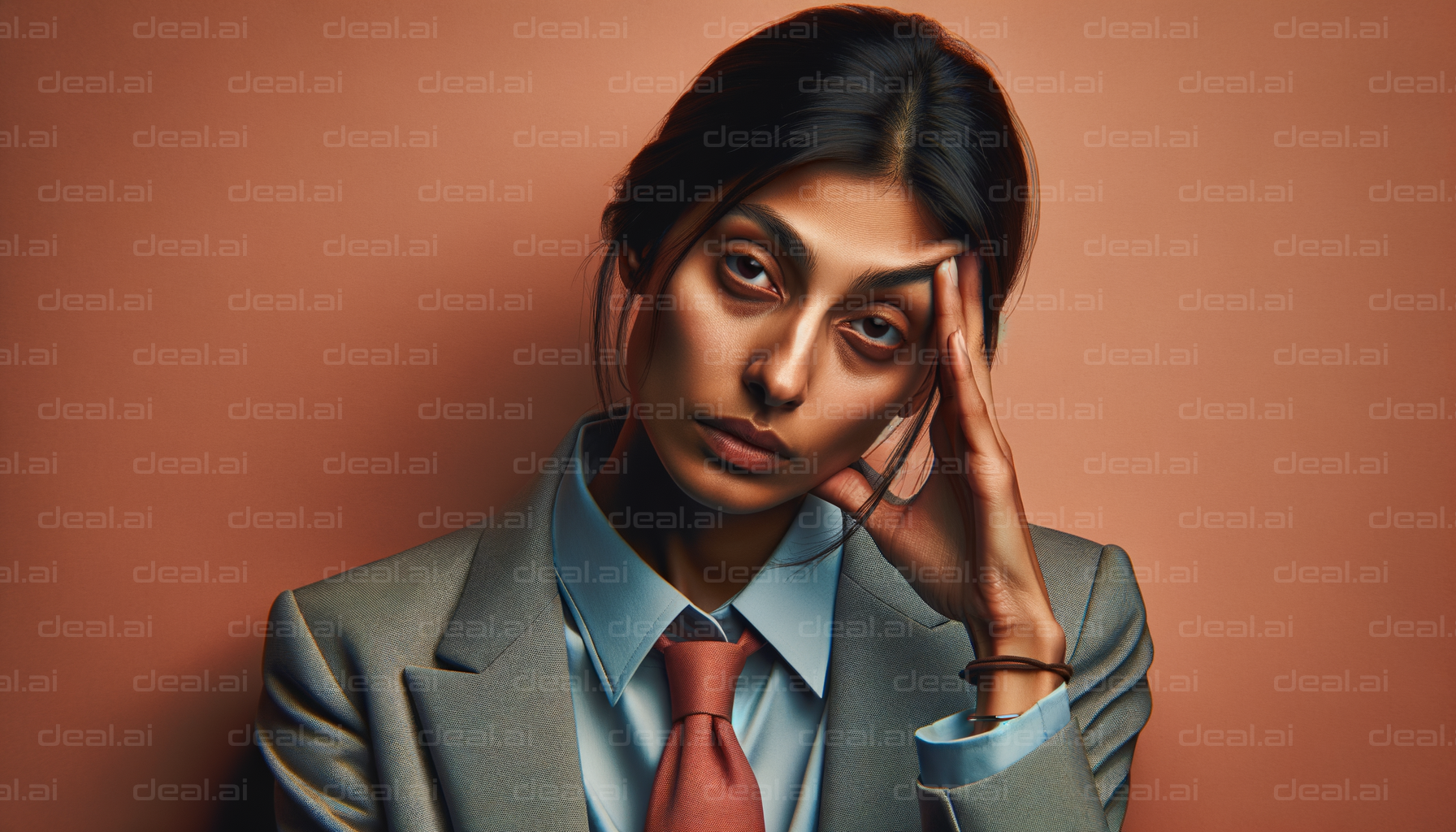 Pensive Woman in Suit Against Orange Wall