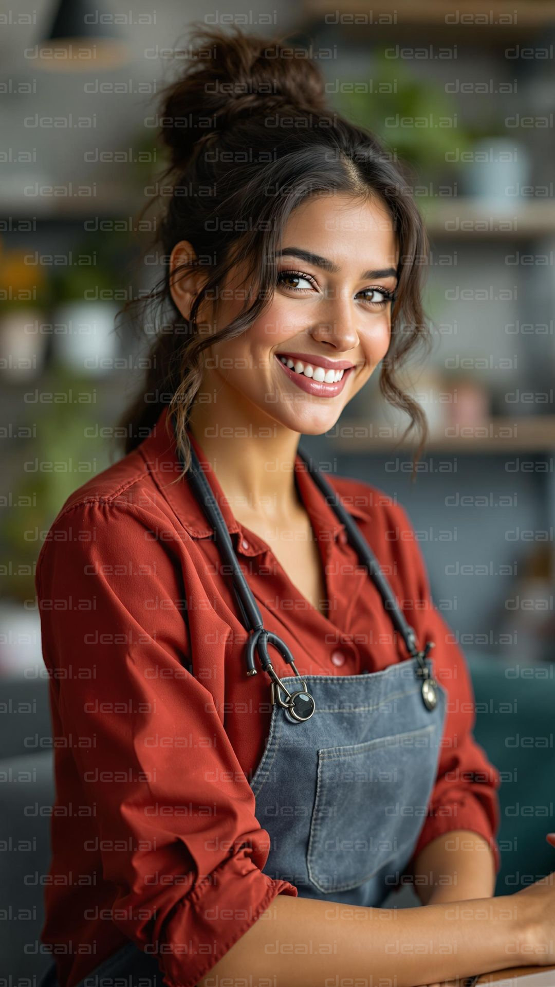 Smiling Woman in Apron and Red Shirt