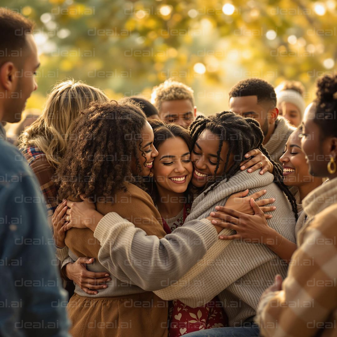 Joyful Group Hug in a Park Setting