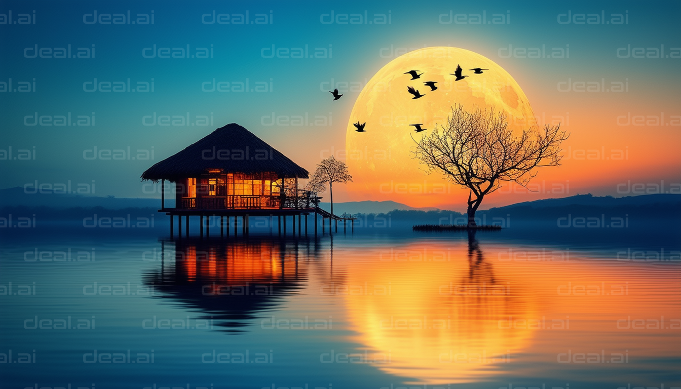 "Moonlit Lake and Cozy Cabin Reflections"