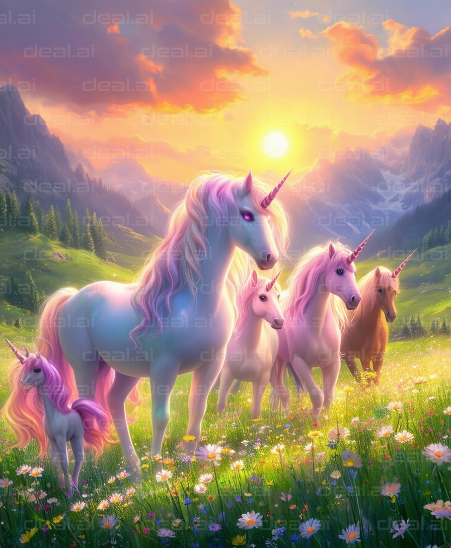 "Unicorn Family at Sunrise"