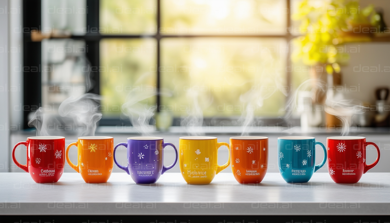 Steaming Rainbow Mugs on a Sunny Morning