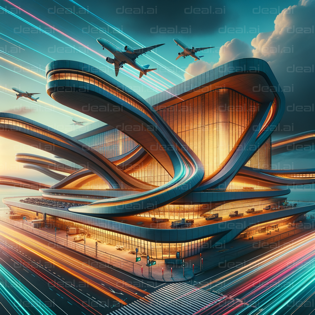 Futuristic Airport Hub Illuminated at Dusk