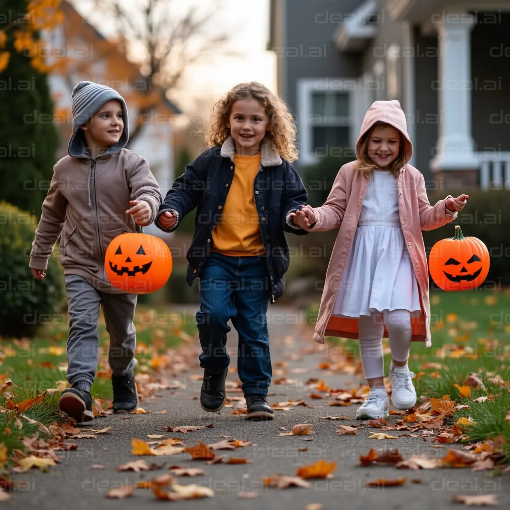 Kids Enjoying Halloween Trick or Treating