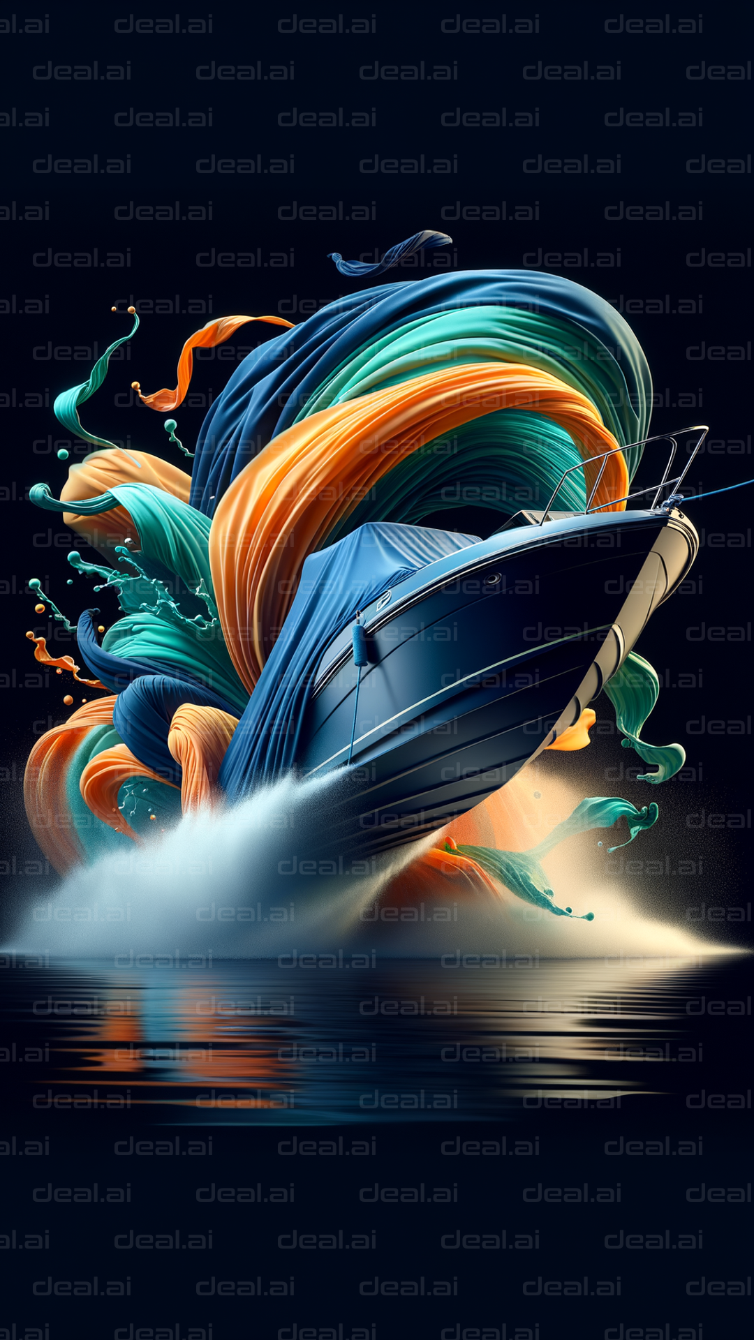 "Colorful Waves and Speeding Boat"