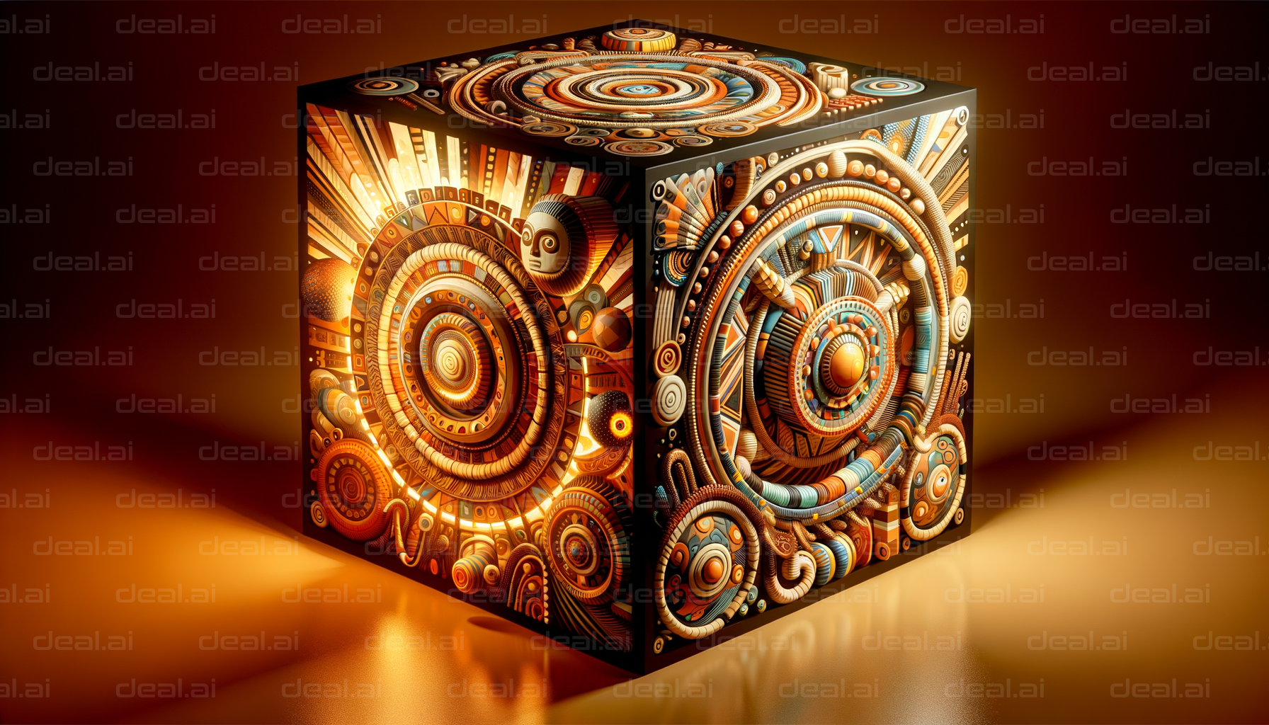 "Intricate Geometric Art on Glowing Cube"