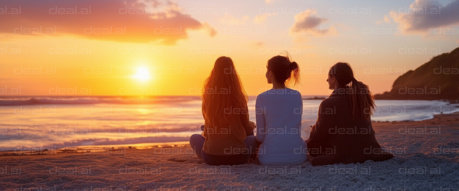 "Trio Enjoying a Serene Beach Sunset"