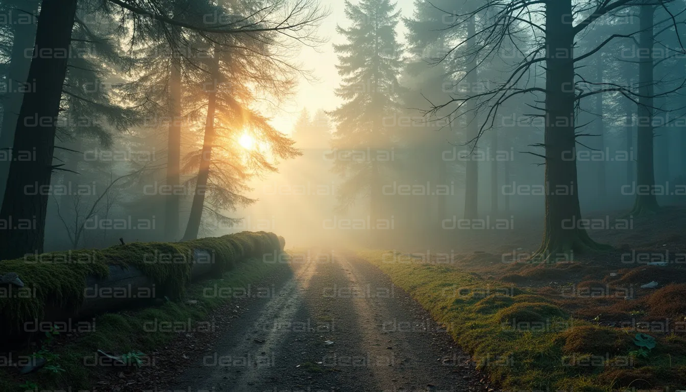 "Sunrise in a Misty Forest Path"