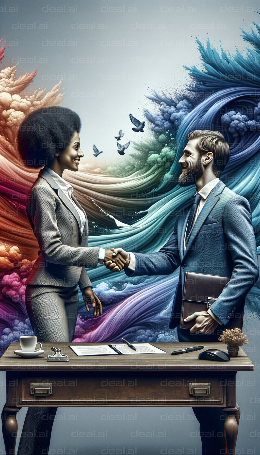 "Business Handshake Amidst Colorful Waves"