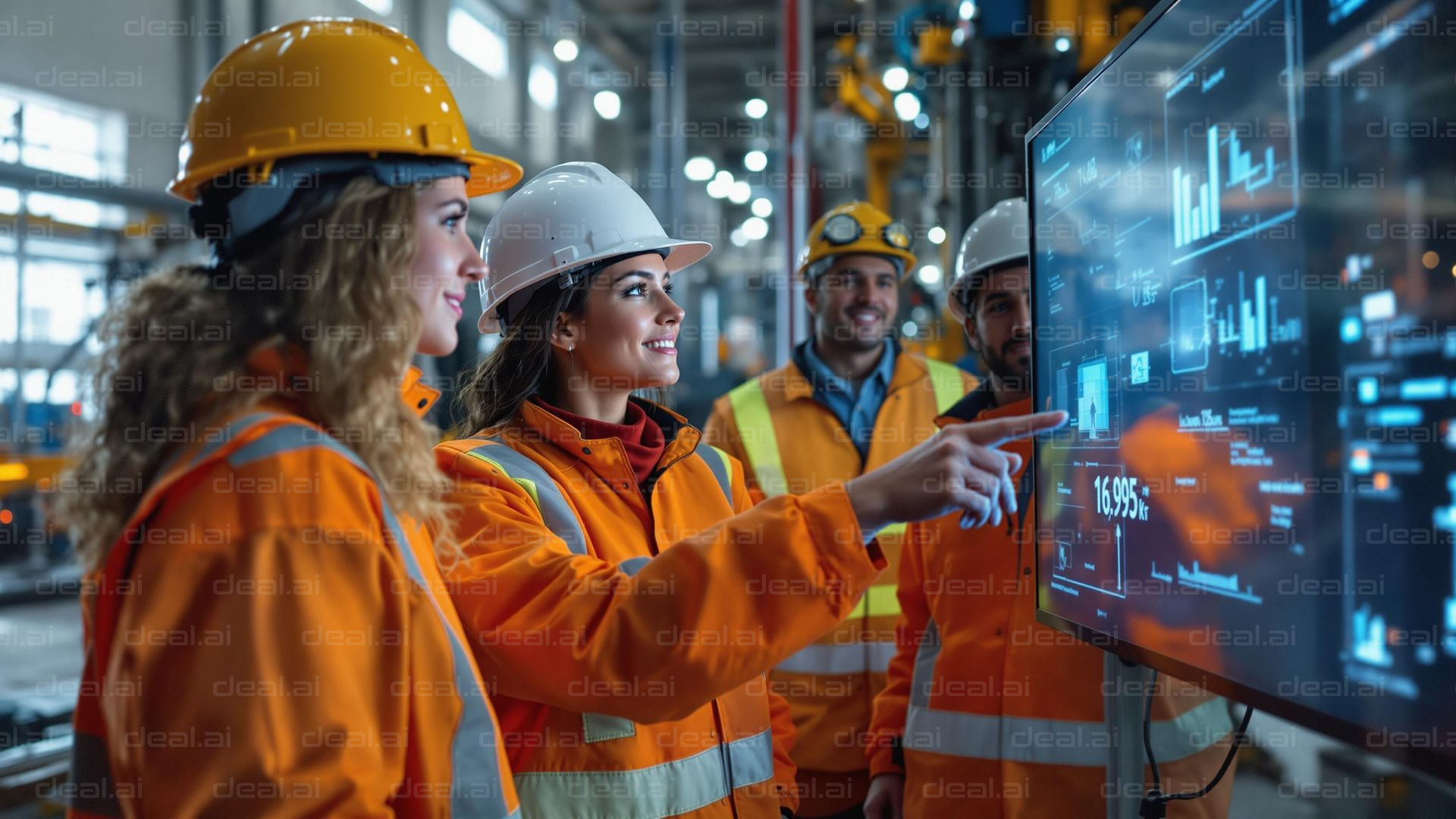 Team Reviews Digital Dashboard in Factory