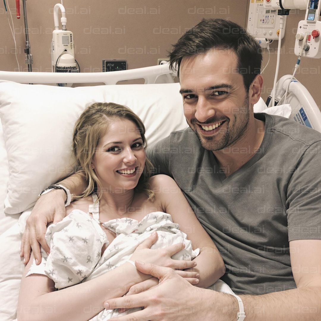 "Joyful New Parents in Hospital Room"