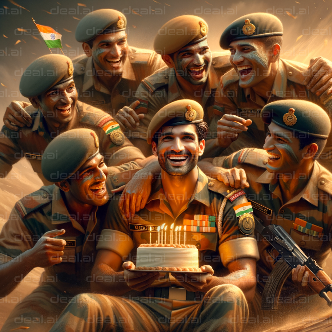 "Soldiers Celebrating with Birthday Cake"